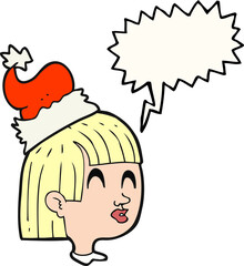 speech bubble cartoon girl wearing santa hat