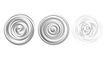 Fototapeta na wymiar Concentric halftone circles set. Dotted rings collection. Epicentre, target, radar icon concept. Sound wave, Radial signal, vibration or water elements. Vector 
