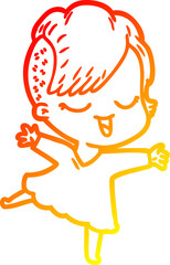 warm gradient line drawing happy cartoon girl dancing