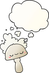 cartoon mushroom with spoor cloud and thought bubble in smooth gradient style