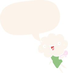 cartoon cloud head creature and speech bubble in retro style