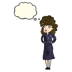 cartoon woman in trench coat with thought bubble