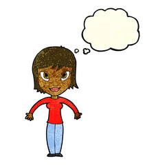 cartoon woman shrugging shoulders with thought bubble