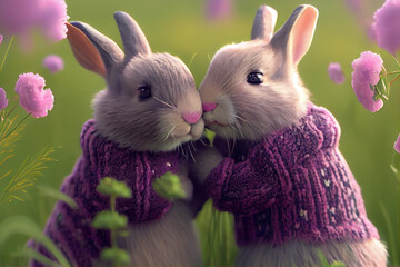 Fototapeta premium Zwei verliebte Hasen mit lila Pulli zu Ostern - Generative Ai 