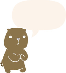 cartoon worried bear and speech bubble in retro style