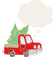 cartoon pickup truck carrying trees and thought bubble in retro style