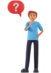 3D illustration of young man and question mark in speech bubble. Thinking man character hold his hand on chin and question mark in speech bubble appear above his head 3d illustration