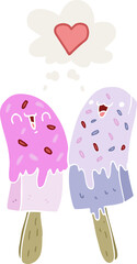cartoon ice lolly in love and thought bubble in retro style