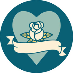 tattoo style icon of a heart rose and banner