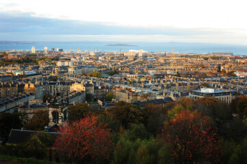 View of north Edinburgh, Scotland (island of Inchkeith on the Firth of Forth seen in background)