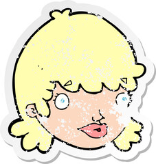 retro distressed sticker of a cartoon female face with surprised expression