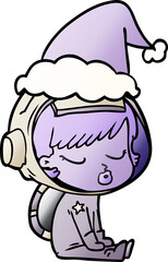 gradient cartoon of a pretty astronaut girl sitting waiting wearing santa hat