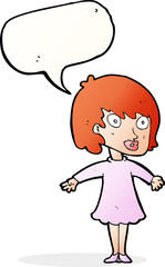 cartoon woman wearing dress with speech bubble