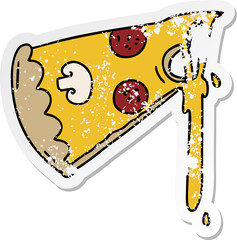 distressed sticker of a quirky hand drawn cartoon slice of pizza