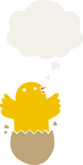 cartoon hatching bird and thought bubble in retro style