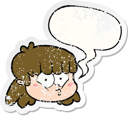 cartoon female face and speech bubble distressed sticker