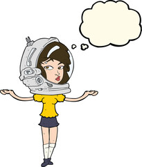 cartoon woman wearing space helmet with thought bubble