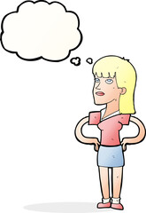 cartoon woman with hands on hips with thought bubble