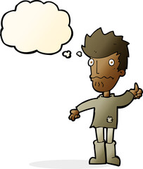 cartoon worried man giving thumbs up symbol with thought bubble