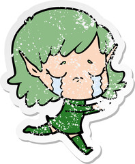 distressed sticker of a cartoon crying elf girl