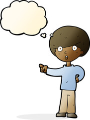cartoon pointing boy with thought bubble