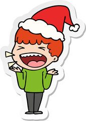 sticker cartoon of a laughing man wearing santa hat