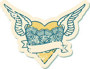 distressed sticker tattoo style icon of a heart with wings flowers and banner