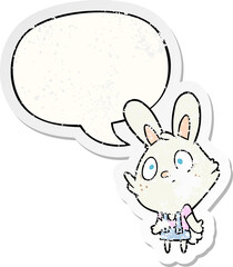 cute cartoon rabbit shrugging shoulders and speech bubble distressed sticker
