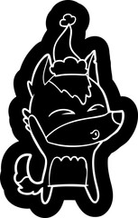 cartoon icon of a wolf whistling wearing santa hat