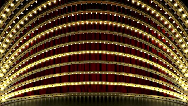 Retro disco lamps flash on the arched roof. Seamless 3D animation with red fabric backdrop