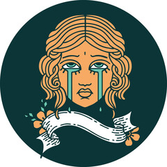 icon with banner of female face crying
