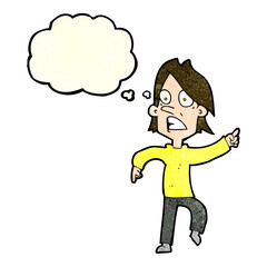 cartoon worried man pointing with thought bubble