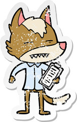 distressed sticker of a cartoon office wolf showing teeth
