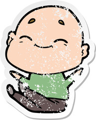 distressed sticker of a happy cartoon bald man