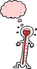 cartoon hot thermometer with thought bubble
