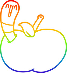 rainbow gradient line drawing cartoon worm in apple