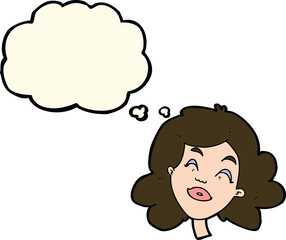cartoon happy female face with thought bubble