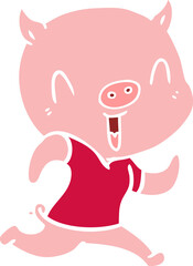 happy flat color style cartoon pig