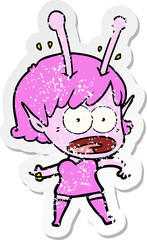 distressed sticker of a cartoon shocked alien girl