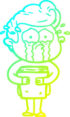 cold gradient line drawing cartoon crying man holding book