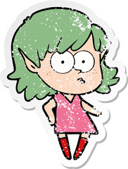 distressed sticker of a cartoon elf girl staring