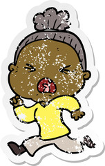 distressed sticker of a cartoon angry old woman