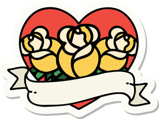 tattoo style sticker of a heart and banner with flowers