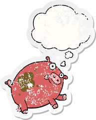 cartoon pig and thought bubble as a distressed worn sticker