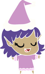 happy flat color illustration of a elf girl wearing santa hat