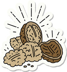 sticker of tattoo style walnuts with shell