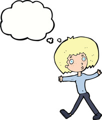 cartoon surprised man walking with thought bubble