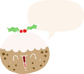 cute cartoon christmas pudding and speech bubble in retro style