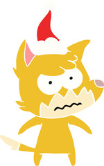 flat color illustration of a annoyed fox wearing santa hat