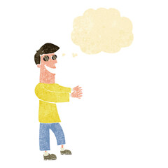 cartoon grinning man wearing glasses with thought bubble